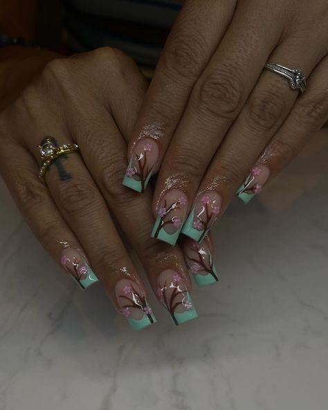 Giving Arizona green tea 🤣🌸 . . . . . . . #nails #cutenails #naildesigns #cherryblossomnails #ctnailtech #ct #nailartist #nailsofinstagram #explorepage #nailsnailsnails Arizona Iced Tea Nails, Arizona Green Tea Nails, Yung Lean Nails, Arizona Nail Designs, Arizona Tea Nails, Green Tea Nails, Earth Nails, Tea Core, Plant Nails