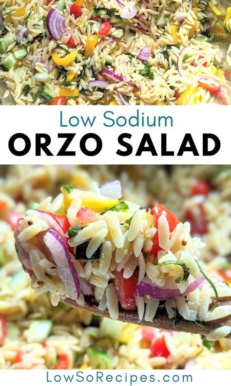 Low Sodium Orzo Salad Recipe - Low So Recipes Low Sodium Breakfast, Orzo Pasta Salad Recipe, Low Sodium Recipes Heart, Ckd Recipes, Kidney Friendly Recipes Renal Diet, Low Sodium Snacks, Salt Free Recipes, Low Potassium Recipes, Heart Healthy Recipes Low Sodium