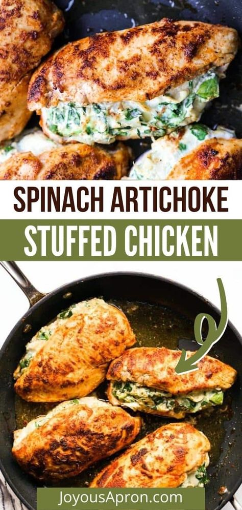 Spinach Artichoke Stuffed Chicken - Oven baked chicken breast is seared on skillet, and stuffed with a creamy and cheesy spinach artichoke dip. Easy and delicious chicken recipe for dinner or entertaining. Hearty and cozy comfort food via @joyousapron Spinach Artichoke Stuffed Chicken, Artichoke Stuffed Chicken, Cheesy Spinach Artichoke Dip, Artichoke Stuffed, Stuffed Chicken Breast Spinach, Spinach Artichoke Chicken, Cheesy Spinach, Oven Baked Chicken Breasts, Chicken Breast Recipes Baked