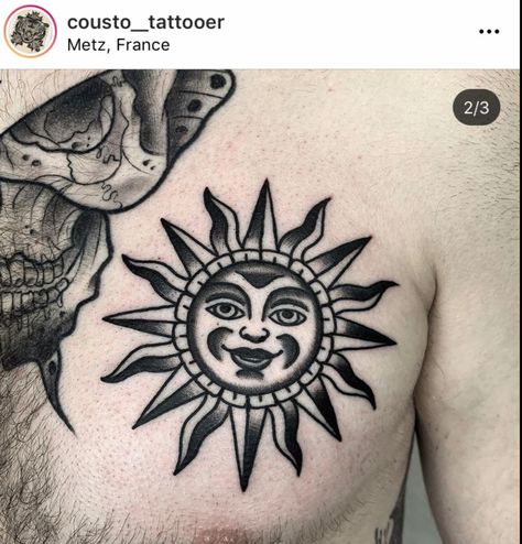 American Trad Sun Tattoo, Blackwork Sun Tattoo, Old School Sun Tattoo, Vintage Sun Tattoo, Sun Traditional Tattoo, American Traditional Sun Tattoo, Traditional Moon Tattoo, Traditional Sun Tattoo, Leg Tats