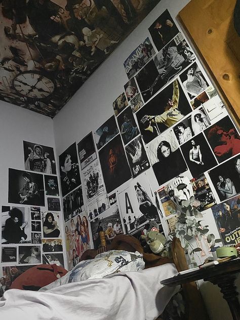 Room Filled With Posters, Room Full Of Posters, Grunge Room Posters, Metalhead Room Decor, Street Room Aesthetic, Metalhead Room, Edgy Bedroom, Alt Room Decor, Dark Bedroom Ideas