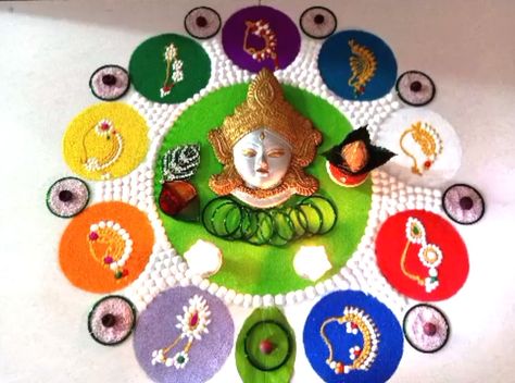 #jewelleryrangolibyjaishri Gouri Pooja Rangoli, Navaratri Rangoli, Navratri Special Rangoli, Navratri Decor, Navratri Ideas, Navratri Rangoli, Laxmi Pooja, Poster Rangoli, Peacock Rangoli