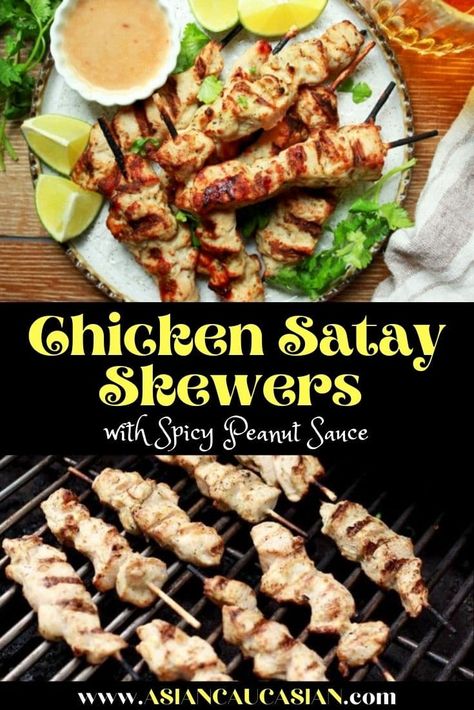 Balinese Recipes, Satay Chicken Skewers, Grilled Chicken Satay, Asian Food Appetizers, Satay Skewers, Chicken Satay Skewers, Malaysian Recipes, Peanut Dipping Sauce, Satay Chicken