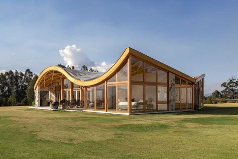 The Wavy Roof On This House Also Has An Exposed Wood Structure On The Interior Wavy Roof, Modern Wood House, Roofing Options, Roof Architecture, Building Roof, Glass Walls, Hacienda Style, Wood House, Roof Structure