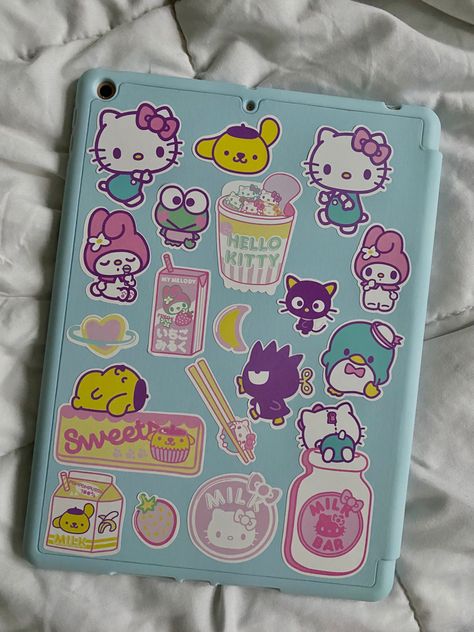 Blue ipad case covered in sanrio character stickers Sanrio Ipad Case, Kuromi Ipad Case, Kawaii Ipad Case, Ipad Case Decoration Ideas, Ipad With Stickers, Hello Kitty Ipad Case, Decorate Ipad Case, Ipad Case Stickers Ideas, Ipad Decorations Sticker