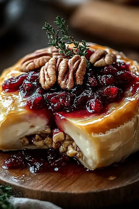 Baked Brie with Puff Pastry, Cranberry-Pepper Jelly, and Pecans is the perfect appetizer for holidays. Try it at your next party! Brie And Jelly Appetizer, Philo Dough Brie Cranberry, Baked Cranberry-brie Puff Pastry Appetizer, Brie Pepper Jelly Appetizer, Brie And Cranberry Bites, Brie In Puff Pastry With Jam, Cranberry Brie Bites Puff Pastries, Cranberry Pecan Baked Brie, Brie Bites Puff Pastry