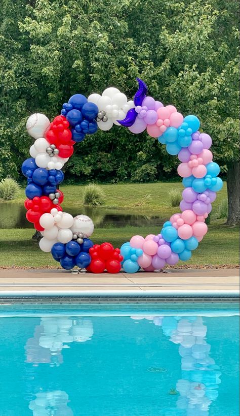 Half and half circle arch for a set twins. Baseball and mermaid theme! Half Balloon Arch, Half Mermaid, Circle Arch, Twins Baseball, Baseball Theme, Half And Half, Mermaid Theme, Baby Reveal, Half Circle