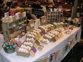 craft show soap display ideas | This display set up by Dirty Deeds Soaps is warm, inviting, and well ... Soap Display Ideas, Craft Show Tips, Soap Booth, Soap Wrapping, Craft Show Table, Craft Show Booths, Diy Soaps, Soap Display, Rugged Cross