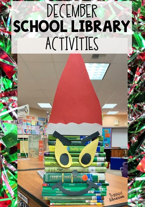 Are you looking for ideas for making your December library lessons fun and engaging? Follow these easy tips for making your school library the center of your school in December. #thetrappedlibrarian #schoollibrary #decemberlibrarylessons Elementary School Library Decorating Ideas, School Library Organization Elementary, Library Ideas For School, Library Themes Elementary, Winter Library Activities, Christmas In The Library, Elementary Library Ideas, Christmas Library Activities, Christmas Library Displays