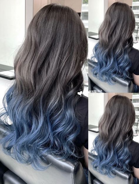 Blue Dip Dye Hair Brunette, Black And Blue Hair Dye, Brown Hair Blue Tips, Dark Brown And Blue Hair, Dip Dye Hair Brunette, Silver And Blue Hair, Blue Hair Tips, Blue Dip Dye Hair, Blue Balayage