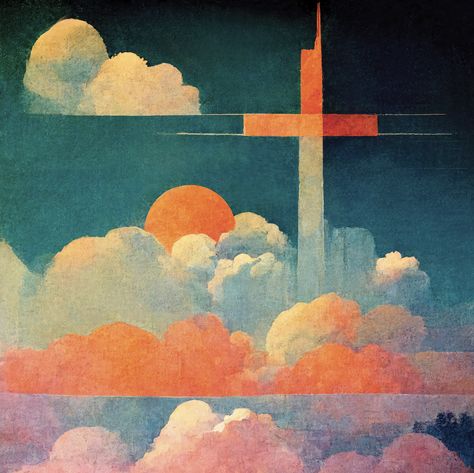 Mid Century christian poster, Christian Illustration, Vintage Christian print, Christian cross and clouds, Vintage heaven print Christian Poster Ideas, Cloud Illustration Design, Heaven Illustration, Church Illustration, Cross Illustration, Jesus Drawing, Cross Photography, Family Meme, Poster Christian