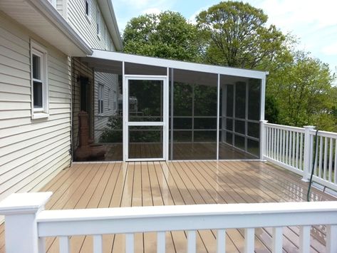 Partially Screened in Deck in a lean-to style against house Partially Screened In Porch, Lean To Screened In Porch, Screened In Deck On A Budget, Slant Roof Screened In Porch, Adding A Screened In Porch To Existing Deck, Deck With Partial Screened In Porch, Backyard Screened In Patio, Partially Screened In Deck, Add Screen Porch To Existing Deck