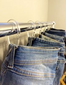 jacy joan : Tips & Tricks | 7 Ways Shower Curtain Hooks Can Change The Way You Organize Your Closet! Jeans Storage Ideas, Spare Room Walk In Closet, Jeans Storage, Denim 2024, Jean Organization, Small Bedroom Organization, Closet Curtains, Closet Hacks, Closet Hacks Organizing