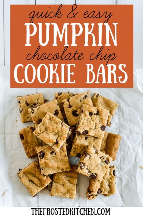 Pumpkin Cookie Bars Recipe, Pumpkin Cookie Bars, Pumpkin Chocolate Chip Cookies Easy, Pumpkin Chocolate Chip Bars, Chocolate Chip Cookie Bar, Chocolate Chip Cookie Bar Recipe, Pumpkin Cookies Easy, Eggless Cookie, Chocolate Bar Recipe