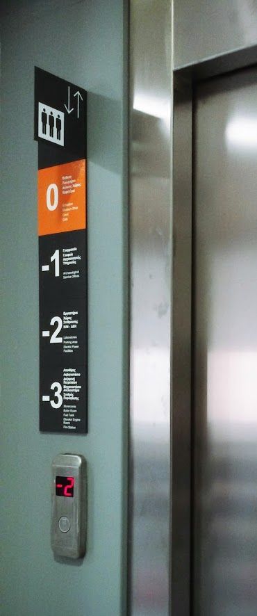 Floor and elevator signage, by G.Nikolakopoulou for the Archaelogical Museum of Thebes offices Elevator Signage Design, Lift Signage, Elevator Signage, Office Signage Design, Museum Signage, Directory Signage, Floor Signage, Hospital Signage, School Signage