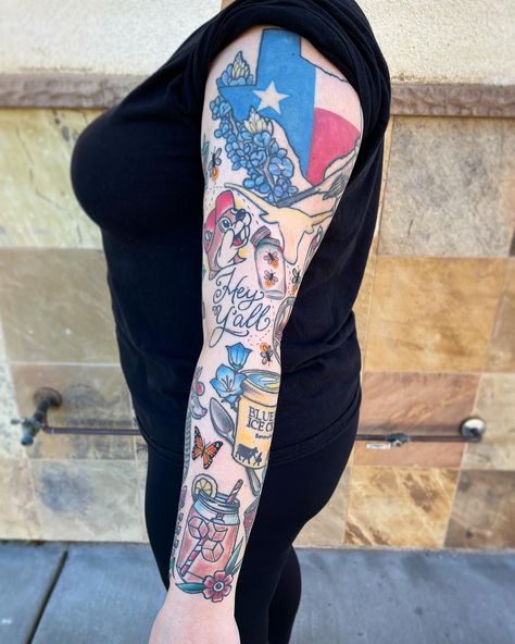 Buc around n find out! Jenn’s #Texas sleeve 🤠 I’ve done everything except the Texas and longhorn on the top of the arm. Added some cuties today…lightning bugs, monarch, and blue bonnets #texas #texastattoo #traditionaltattoos #buccees #whataburger Texas Flash Tattoo, Texas Sleeve Tattoo, Texas Tattoos Women, Texas Themed Tattoos, Texas Tattoo Ideas, Longhorn Tattoo, Texas Tattoo, Texas Animals, Lightning Bugs