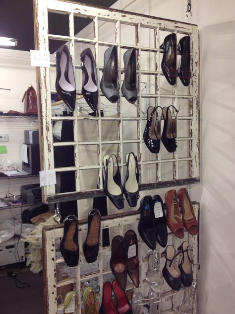 Posh Upscale Resale - New Buffalo, Mi - displays their shoes. #Perfect Thrift Store Displays Resale Shop, Shoe Displays For Boutiques, Consignment Store Displays Resale Shop, Displaying Shoes In A Boutique, Vintage Shop Interior Design, Resale Boutique Ideas, Thrift Shop Display Ideas, Thrift Store Displays, Carboot Sale Display Ideas