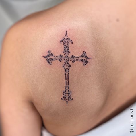 Celtic Angel Tattoo, Cross On The Back Of Neck Tattoo, Cross Back Tattoos For Women, Beautiful Cross Tattoos, Cross Cybersigilism Tattoo, Greek Christian Tattoos, Elegant Cross Tattoo, Cross Tattoos For Women On Back, Cross Tattoo Aesthetic