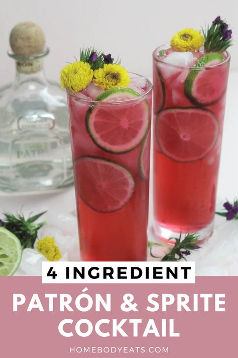 pink cocktail with lime wedges and flowers Patron Mixed Drinks Easy, Drinks With Patron, Patron Mixed Drinks, Alcoholic Drinks With Sprite, Bartender Cheat Sheet, 2 Ingredient Mixed Drinks, Mix Drinks With Vodka, Sprite Mixed Drinks, Low Calorie Summer Cocktails