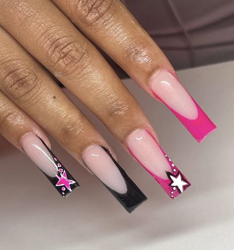 Pink Zebra Acrylic Nails, Pink And Black Acrylic Nails Designs, Black And Pink French Tip Nails, Pink And Black French Tip Nails, Pink And Black Nails Acrylic, Black Nails With Pink, Black And Pink Nails Ideas, Pink Zebra Nails, French Manicure Acrylic Nails