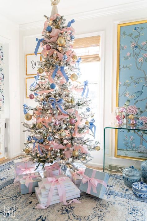 Christmas Tree For Playroom, Pink And Navy Christmas Decor, Nursery Christmas Tree Boy, Grand Millenial Christmas Tree, Navy And Blush Christmas Tree, Love Shack Fancy Christmas Tree, Anthro Inspired Home, Christmas Tree With Pink Decorations, Pink Blue Christmas Tree