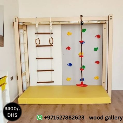 kids Monkey bar with climbing wall, rope ladder and pull up bar is made by Marandi wood which has the beautiful natural grains. the product is available with free home delivery all over the UAE 🎉 #gift #Child safety #best price Monkey Bars In Bedroom, Monkey Bars In Playroom, Climbing Rope In Bedroom, Rope Climbing Wall For Kids, Playroom Update, Crossfit Home Gym, Wooden Climbing Holds, Indoor Playroom, Monkey Bar