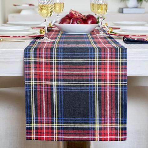 Amazon.com: Solino Home Christmas Table Runner 36 inch – 100% Pure Linen Red and Navy Tartan Plaid Table Runner 14 x 36 Inch – Machine Washable Table Runner : Home & Kitchen Navy Plaid Table Runner, Plaid Napkins, Table Runner Size, Holiday Table Settings, Christmas Table Runner, Black Plaid, Fine Linens, Linen Table Runner, Tartan Pattern