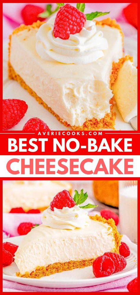 Look no further than the BEST no-bake cheesecake ever! Fridge and pantry ingredients are all you need for this easy dessert idea. From the buttery graham cracker crust to the smooth filling, this no-bake recipe comes out perfect every time! Best No Bake Cheesecake, Homemade Graham Cracker, Perfect Cheesecake, Caramel Apple Cheesecake Bars, Homemade Graham Cracker Crust, Easy No Bake Cheesecake, Averie Cooks, Homemade Graham Crackers, Caramel Apple Cheesecake