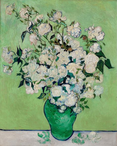 Roses (1890) by Vincent Van Gogh, MET Museum. #roses #vangogh #vincentvangogh #flowers #stilllife #green #whiteroses #greenvase #metmuseum Van Gogh Green, Vintage Flower Painting, Paint Inspo, Instagram Roses, Gcse Art Sketchbook, Van Gogh Paintings, Green Vase, Gcse Art, February 13