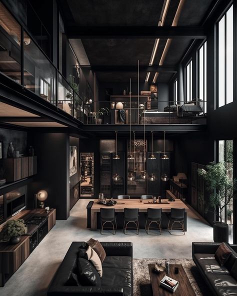 If you know your man, which loft is he picking? 🖤 #interior #interiordesign . We design spaces for clients worldwide, find out more on our website, link in bio! Masculine House Design, Mens Loft Apartment, Industrial Loft Interior Design, Dark Apartment Aesthetic, Masculine House, Dark House Interior, Open Plan Interior, Dark Modern Home, Luxurious House Interior