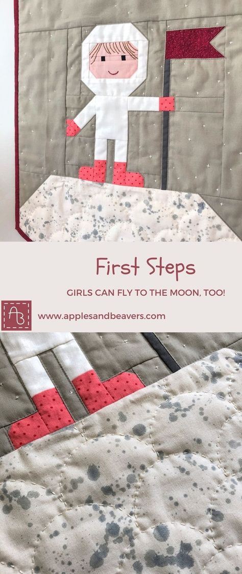 In order to prove that my "First Steps" quilt pattern is in fact gender-neutral, I also stitched up a girl astronaut. I added lots of charming little details and didn't she turn out cute?! #modernquiltpattern #firststepsquilt #spacenursery #rocketgirl Space Baby Quilt, Astronaut Baby, Space Quilt, Moon Quilt, Neutral Quilt, Paper Piercing, Kids Quilts, Moon Girl, Space Themed Nursery