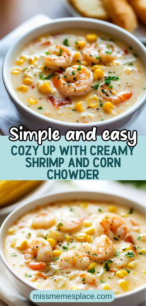 Dive into a bowl of comfort with this delicious shrimp and corn chowder! This creamy seafood chowder combines fresh shrimp and sweet corn for a flavor explosion that's perfect for chilly nights. With a rich base of heavy cream and chicken broth, this chowder is not just a meal; it's a warm hug in a bowl. Easy to make and bursting with nutrition, this recipe will quickly become a family favorite. Pair it with crusty bread for a complete cozy dinner experience! Shrimp And Corn Chowder, Shrimp And Corn Soup, Shrimp Corn Chowder, Easy Corn Chowder, Shrimp And Corn, Shrimp Chowder, Shrimp Corn, Shrimp Stew, Corn Soup Recipes