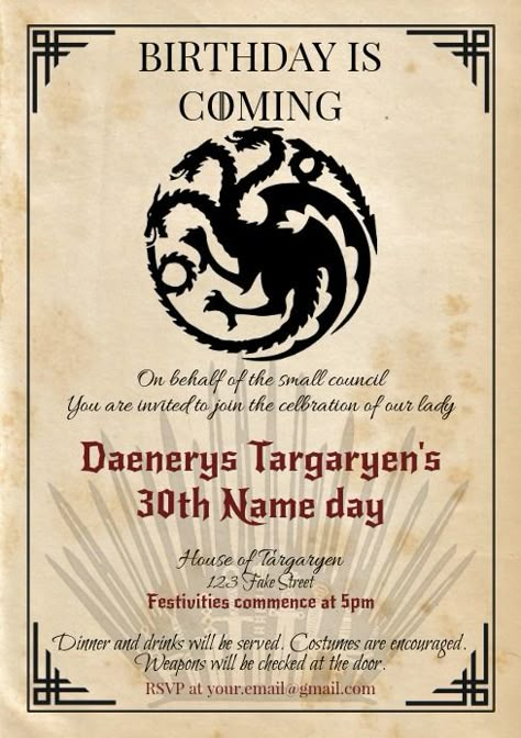 House Of The Dragon Party Ideas, Game Of Thrones Birthday Party Ideas, House Of The Dragon Party, Game Of Thrones Invitation, Got Birthday, Game Of Thrones Birthday, Template Game, Happy Birthday Poster, Game Of Thrones Party