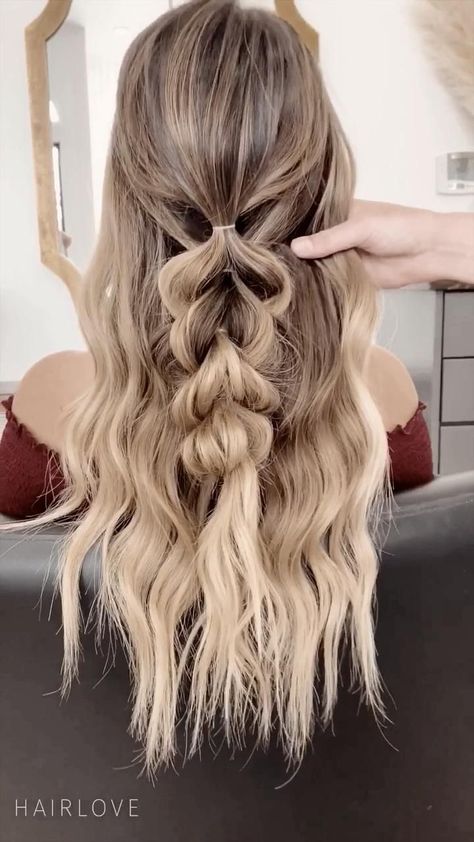 Half-up Pull-Through Braid Tutorial We’ve partnered with our gals over at @thecanvas.salon to create some amazing tutorials for you guys.🎉 Starting with this masterpiece.😍 We can’t get enough of this half-up pull-through braid, with lots of texture and volume, it’s perfect for Spring!🌸💐⠀ ⠀ Products used:⠀HAIRLOVE Keratin   Collagen vitamin, HAIRLOVE Denman hairbrush, ⠀ HAIRLOVE Nourish   Repair Serum⠀ Clear elastics ⠀ Optional scrunchie or bow⠀ Half Up Half Down Hairstyles, Hoco Hairstyles, Homecoming Hairstyles Updos, Dance Hairstyles, Hair Braid Videos, Braid Tutorial, Hoco Hair Ideas, Hoco Hair, Easy Hairstyles For Long Hair