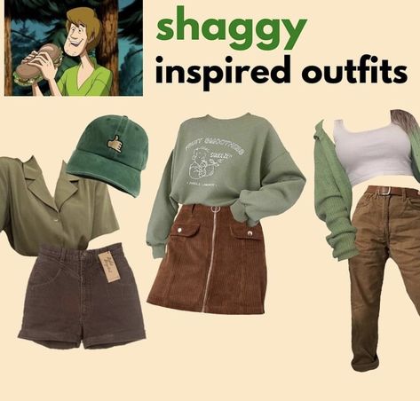 Outfits Inspired By Cartoons, Shaggy Inspired Outfits Scooby Doo, Womens Shaggy Costume, Dress As Your Favorite Character Day, Outfits Based On Cartoon Characters, Outfits Based On Characters, Shaggy Inspired Outfits, Shaggy Outfit Scooby Doo, Cartoon Character Inspired Outfits