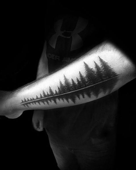 Tattoos For Outer Forearm, Lake Reflection Tattoo, Boundary Waters Tattoo, Tree Line Tattoo Forearm, Simple Nature Tattoos Men, Water Reflection Tattoo, Treeline Tattoo, Outdoor Tattoos For Men, Pacific Northwest Tattoo