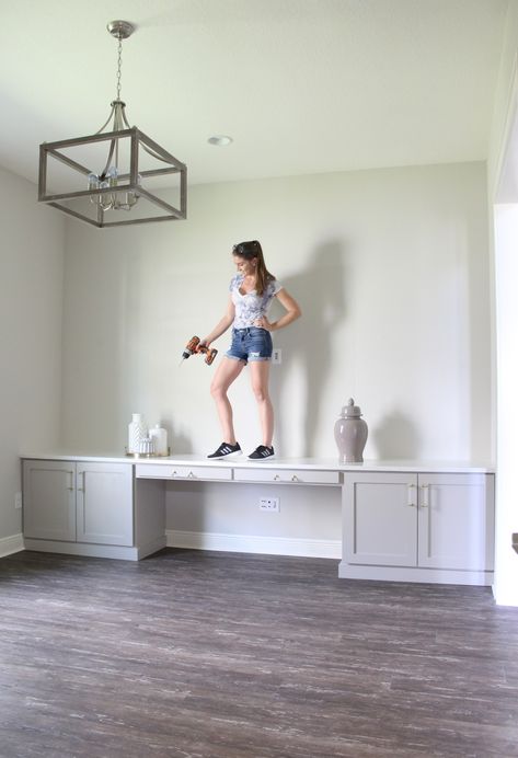 DIY Office Built-in Desk with Shaker Doors - Frills and Drills Desk Cheap, Diy Built In Desk, Diy Office Desk, Custom Cabinet Doors, Office Built Ins, Desk Diy, Desk Cabinet, Office Guest Room, Shaker Doors