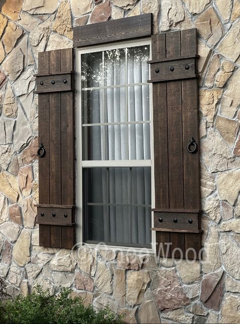 Rustic Wood Shutters Exterior, Country Shutters Exterior, French Country Exterior Shutters, Wood Interior Shutters, Wooden Shutters Exterior Brick House, Pallet Wood Shutters Exterior, Exterior Shutters Ideas Curb Appeal, Shutter Ideas Outdoor Window, Outdoor Shutters For House