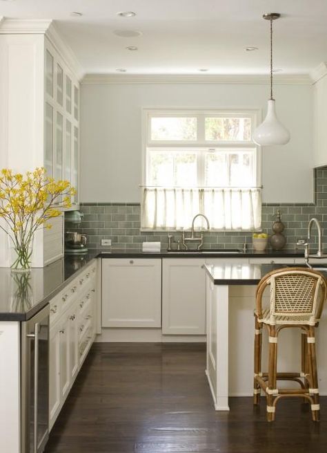 Green Subway Tile Backsplash - Cottage - kitchen - Studio William Hefner Green Subway Tile, Blue Painted Walls, Trendy Kitchen Colors, Green Backsplash, Grey Wood Floors, Kitchen Design Diy, Black Countertops, Subway Tile Kitchen, Beautiful Kitchen Designs