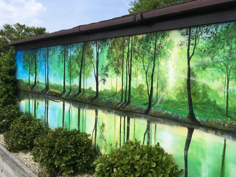 Fence Mural Ideas Backyards Wood, Outdoor Wall Paint, Patio Balcony Ideas, Woodland Mural, Exterior Murals, Beach Mural, Mural Art Design, Garden Mural, Forest Mural