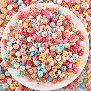 Baiinjiene 1000pcs Acrylic Small Letter Beads Round Letter Beads Colorful Acrylic with Gold Letter Alphabet for Jewelry Making Alphabet Beads (Colorful Gold（Pink）) Small Letter, Bead Crafts Diy, Diy Armband, Alphabet Beads, Acrylic Letters, Jewelry Making Bracelet, Single Bead, Bracelets Diy, Kraf Diy