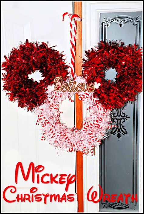 This Mickey themed wreath was surprisingly easy to make and turned out so cute I can't wait to make more as gifts! All supplies purchased at the dollar store. #12DaysofChristmasIdeas Christmas Wreath Dollar Tree, Mickey Christmas Wreath, Diy Disney Christmas, Disney Christmas Wreath, Mickey Wreath, Amazing Crafts, Christmas Disney, Christmas Giveaways, Mickey Christmas