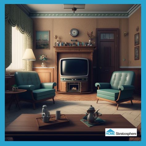 Tiny Fireplace, 1940s Living Room, Teal Armchair, Tea Set Display, 1950s Living Room, 1940s Interior, Home Stratosphere, Interior Concept Art, Teal Living Rooms