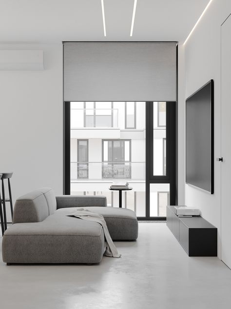 Gray Aesthetic Interior, Black White Grey Interior, Modern Minimalist Apartment, Modern Small Apartment Design, Monochrome Apartment, Modern Minimal Interior, Minimal Living Room, Monochrome Interior, Black Interior Design