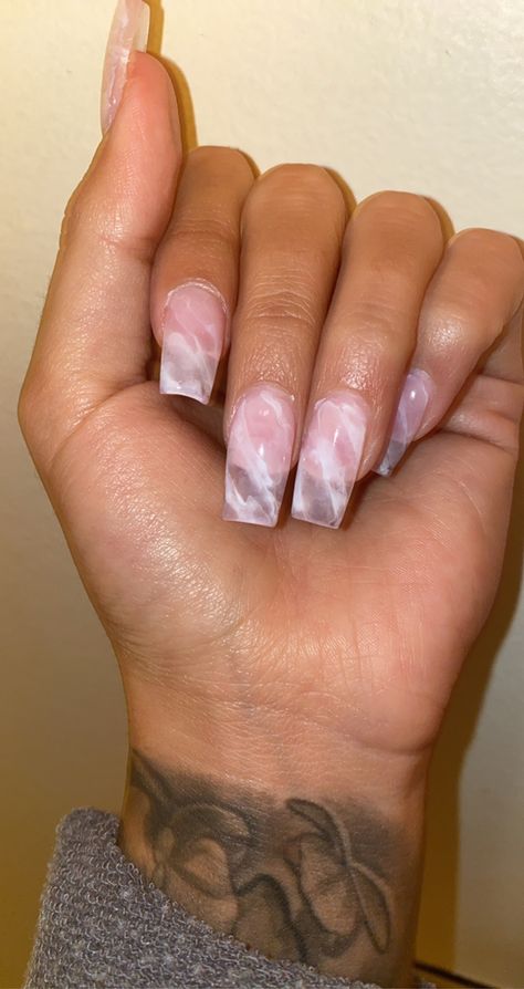 White And Clear Marble Nails, Clear Marble Nails Acrylic, Clear Pink Acrylic Nails With Design, Clear Pink Nails With Design, Short Marble Acrylic Nails, Clear Marble Nails, Clear Nails Acrylic, Sns Ideas, White Marble Nails