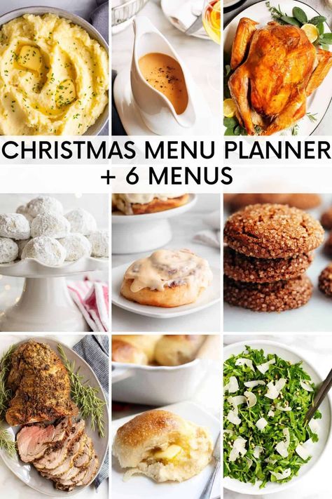 Your complete guide to planning a Christmas menu full of delectable recipes that will delight everyone at your table! Dozens of recipes and 6 complete menus to choose from including a romantic dinner for 2, a quick and easy menu and a vegetarian Christmas menu! Holiday Menu Ideas Dinner Parties, Christmas Menus Families, Simple Christmas Menu Ideas, Friendsmas Menu Ideas, Christmas Menu Ideas Buffet, Healthy Christmas Menu, Christmas Buffet Menu, Traditional Christmas Menu, Christmas Menu Ideas