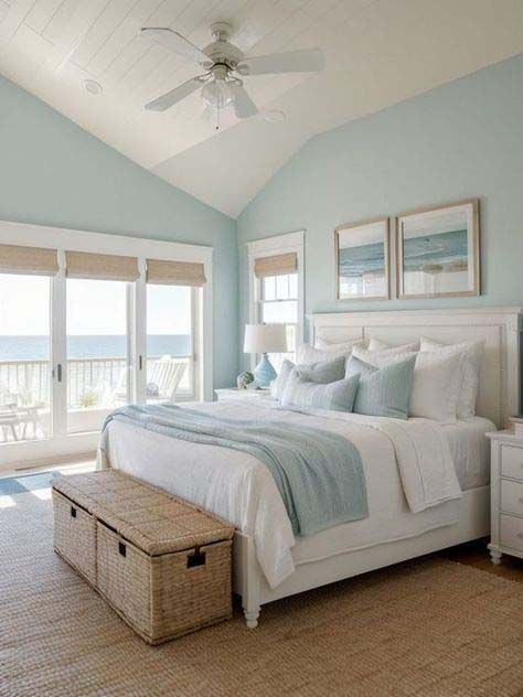 34. Coastal Breeze Oasis Modern Beach House Bedroom, Neutral Coastal Bedroom, Beach Bedroom Ideas, Aqua Bedrooms, Coastal Bedroom Decor, Costal Bedroom, Lady Decluttered, Navy Bedrooms, Coastal Farmhouse Decor