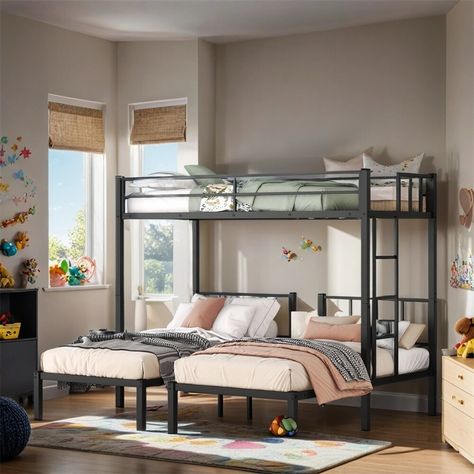 Product Features Detachable Triple Bunk Bed--This metal triple bed frame can be used as L shape triple bunk bed, but also can be divided into three separate twin beds. It is a good choice when your children grow up and need private space. 3 Twin Beds In One Room Ideas, Three Bed In One Room, Triplets Room, 3 Kids In One Room, Bunk Beds For 3, Triplets Bedroom, Bunkie Ideas, 3 Bunk Beds, Triple Bed