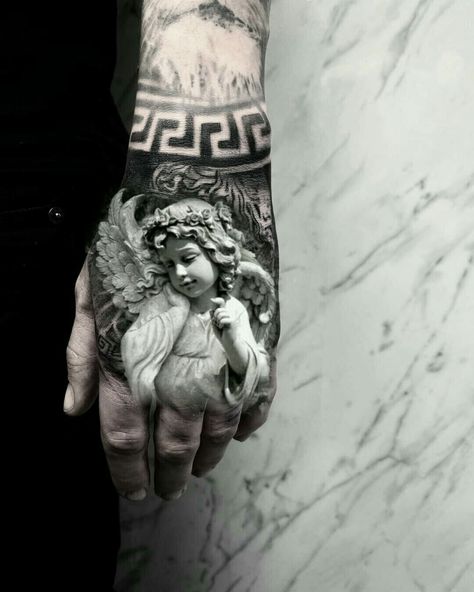 Greek Hand Tattoos For Men, Greek Mythology Hand Tattoos, Religious Hand Tattoo, Men’s Hand Tattoo, Adam And Eve Tattoo, Angel Hand Tattoo, Devotion Tattoo, Hand Tattoos For Men, Christus Tattoo