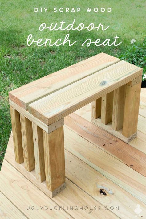 Add a little extra seating with this simple outdoor bench made from scrap 2x4s and deck boards. I built it in one night using nothing but leftover lumber. #scrapwood #gardenbench #outdoorbench #2x4 #woodworking #furniture #freeplans #buildplans #uglyducklinghouse Simple Outdoor Bench, Outdoor Bench Seat, Diy Scrap Wood, Diy Bench Seat, Diy Bank, Garden Bench Plans, Garden Bench Seating, Used Outdoor Furniture, Outdoor Bench Seating